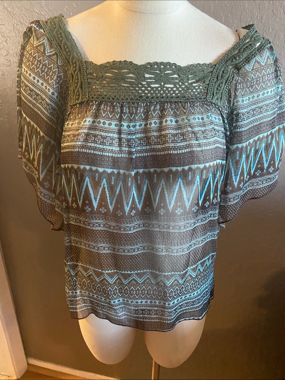 Love Potion Crochet-Trim Off-Shoulder Women's Top - Olive and Teal size M